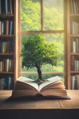 Book, open on wooden table with small tree growing from pages, symbolizing knowledge, growth, and sustainability in a cozy library setting.