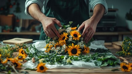 A florist arranging peonies for a wedding bouquetphotorealistic portrait,