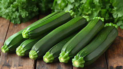 Obraz premium Fresh green zucchini harvest on rustic wood, kale background, healthy food