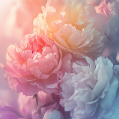 Delicate Soft Focus Roses and Peonies in an Elegant Floral Background, Featuring Gentle Morning Light and a Subtle Artistic Blur for a Premium Look