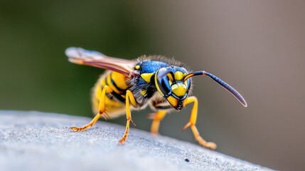 Wasp close-up, garden background, nature macro