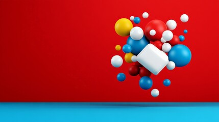 Abstract Sphere and Cube Composition: Vibrant, playful spheres of red, yellow, blue, and white float against a bold red background. A solitary, sleek white cube adds a contrasting element.