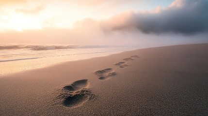 Sunrise beach footprints, misty ocean, peaceful dawn; travel, hope concept
