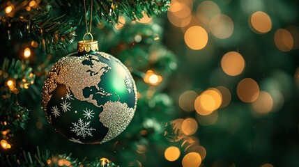 Earth ornament hangs on Christmas tree with bokeh lights