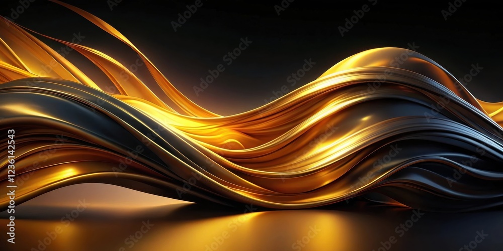 Poster A symphony of golden and black waves, intertwining in a mesmerizing dance of light and shadow, creating a captivating abstract composition.