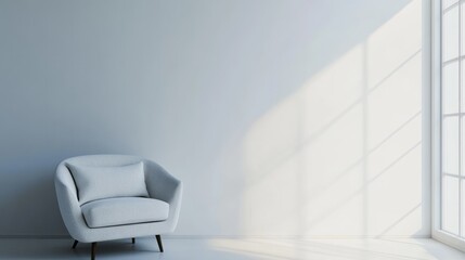 A Minimalist Room With A Light Grey Armchair Near A Large Window. Sunlight Streams In, Casting Shadows On The Wall. It'S Calm And Peaceful.
