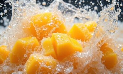 Fresh mango cubes splashing in water