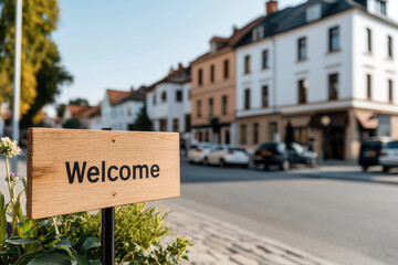 Obraz premium Wooden welcome sign on street in quaint european town