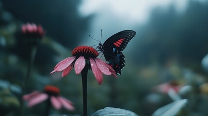 A close-up shot of a butterfly perched on a pink Echinacea flower, with its wings spread wide. The background is softly blurred, creating a dreamy, bokeh effect