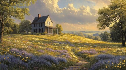 Rustic Farmhouse on a Wildflower Hill at Sunset