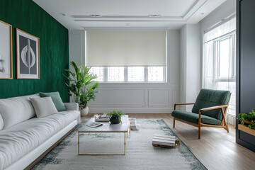 Fototapeta premium Luxury living room with green accent wall and modern furniture