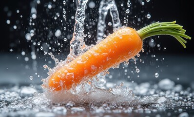 Fresh orange carrot splashing in water