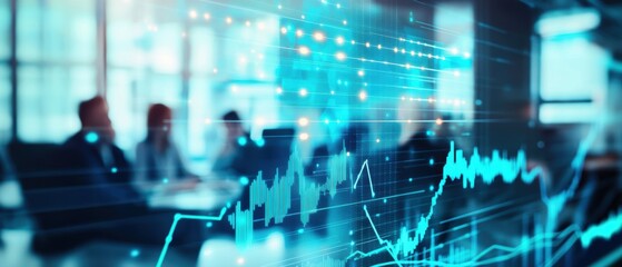 Business meeting with professionals analyzing stock market trends and discussing digital finance strategies using technology graphs and data analytics tools.