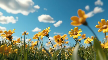 A field of yellow Hawaiian daisies gently swaying in the breeze under a bright, cloudless blue sky. The flowers are captured in vivid detail with a wide-angle perspective