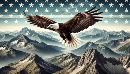 Fototapeta premium Majestic Bald Eagle Soaring Above Snowy Mountain Peaks, American Symbol