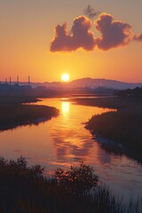 Obraz premium A serene sunset over a winding river, reflecting warm hues of orange and pink. The silhouettes of distant mountains and factories create a tranquil yet industrial backdrop.