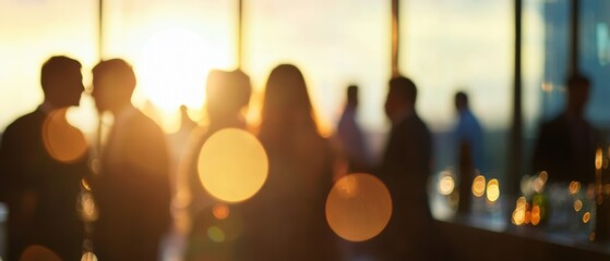 Business people networking during sunset event with drinks in modern office. Scene captures teamwork, collaboration, and professional relationships in action.