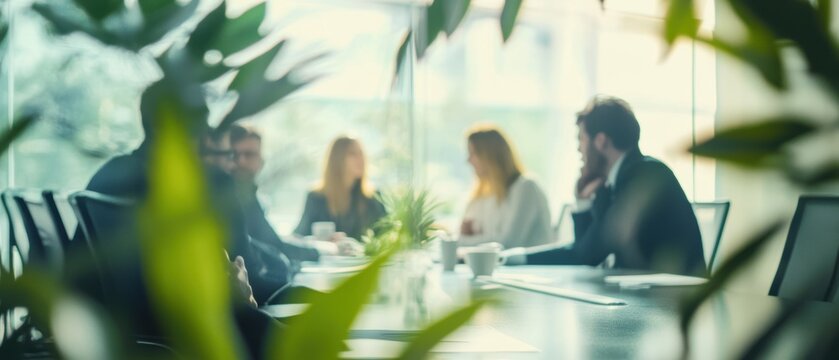 Business meeting, professionals collaborating in modern office, discussing strategies with plants in focus, fostering teamwork and innovation in workplace environment.