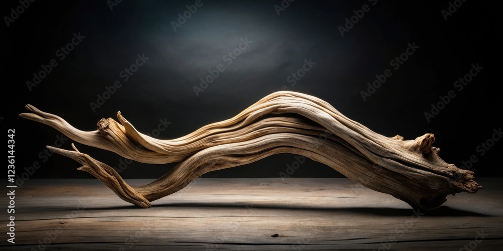 Fototapete the s-shaped driftwood branch curves gracefully across a rustic wooden surface, illuminated by a sof