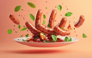 Platter of mixed gourmet sausages levitating with fresh herbs and sauce splashes on a pastel background