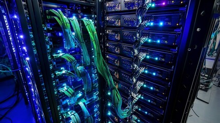 Illuminated server racks with green cables and blue lights showcasing data center infrastructure