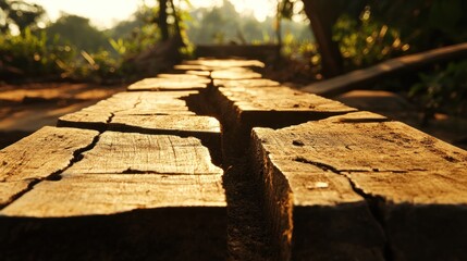 Cracked wooden path, jungle sunrise, rural setting, travel