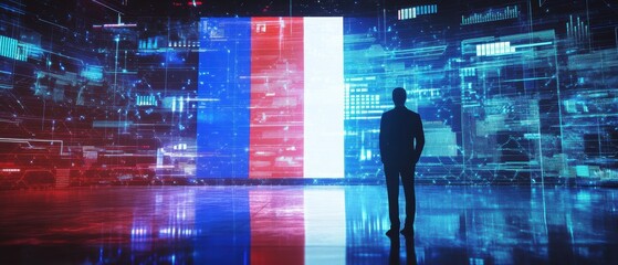 Business professional observing digital data wall with French flag backlit, exploring technology trends and innovation in finance and trade. Cybersecurity concept.