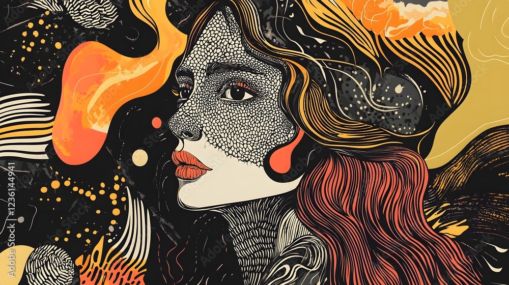 Aufkleber Mesmerizing Surreal Digital Portrait with Flowing Cosmic Patterns and Vibrant Colors