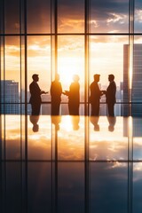 Fototapeta premium Business professionals networking and collaborating at sunset in modern office. Focus on teamwork, partnerships, and innovative ideas driving progress.