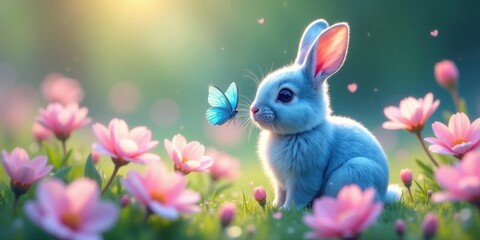 Obraz premium A Fluffy Bunny Rabbit in a Field of Delicate Pink Blossoms, Gazing at a Vibrant Blue Butterfly on a Sunny Day