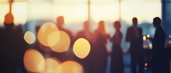 Business professionals networking at sunset event, blurred background with warm lights. Discussion and collaboration for future projects and connections.