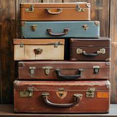 Stacked Vintage Luggage: A nostalgic stack of vintage luggage with worn textures. Each suitcase whispers tales of travel and adventure. Against a backdrop of rich wooden panels. 