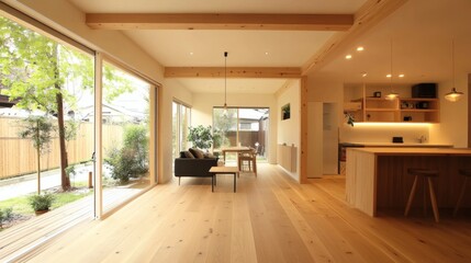 Modern Japanese-Style Minimalist Home Interior with Light Wood Floors and Large Sliding Glass Doors