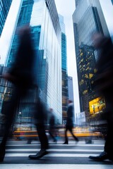 Business professionals walking on a city street with skyscrapers, capturing urban life and fast-paced corporate environment in modern financial district.