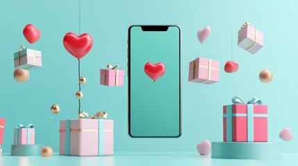 Abstract 3D model of a smartphone with exploding icons of shopping, discounts and digital payment solutions, pastel theme