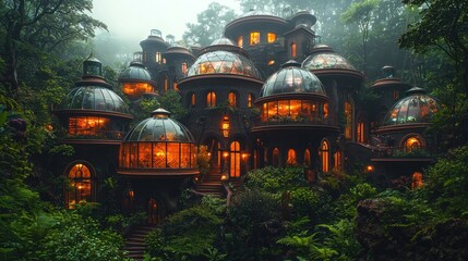 Mystical domed house in foggy forest at night, ideal for fantasy stories