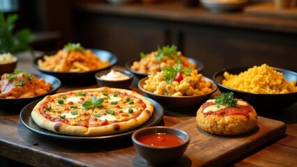 A Delicious Spread of Savory Dishes Featuring Pizza, Pasta, and Other Appetizing Food Items on a Rustic Wooden Table