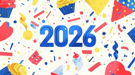 Vibrant Flat Illustration of 2026 Celebration Elements with Colorful Decorations and Festive Patterns