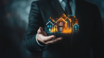 Businessman holding digital house models representing real estate investment opportunities, future housing development, and innovative property management solutions.