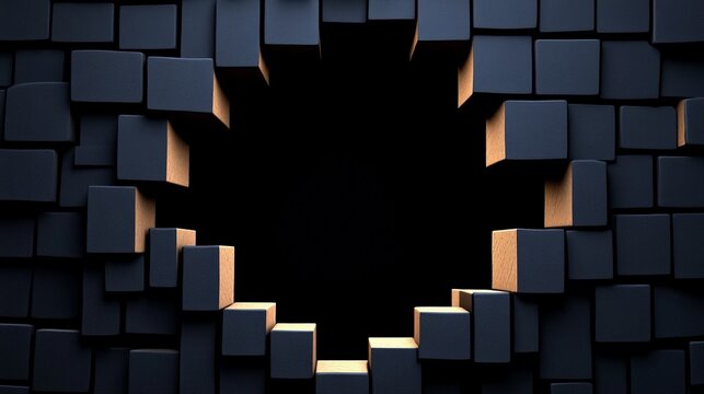 Fototapeta Abstract Dark Cubes: A mesmerizing 3D render of dark-toned cubes forming a wall, with a circular void in the center emitting a soft, warm glow. The contrast creates a striking visual effect. 