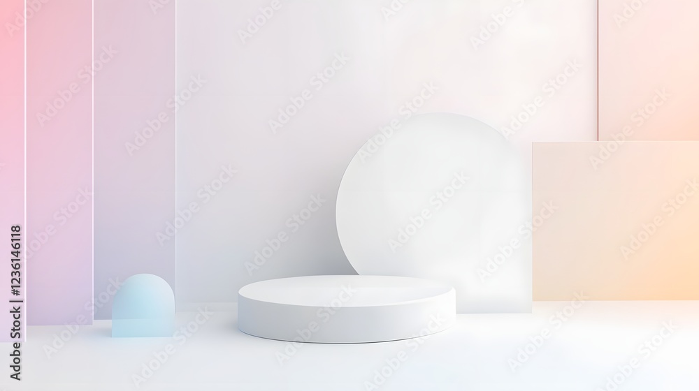 Poster minimal geometric abstract sphere on pastel colored podium platform in clean studio scene