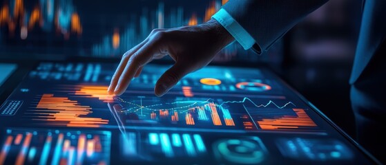 Businessman interacting with digital analytics dashboard showcasing financial data, charts, and graphs representing market trends and investment strategies.