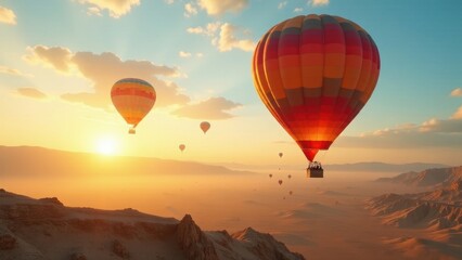 Obraz premium A breathtaking sunrise illuminates a vibrant hot air balloon festival soaring over a majestic, sun-drenched desert landscape