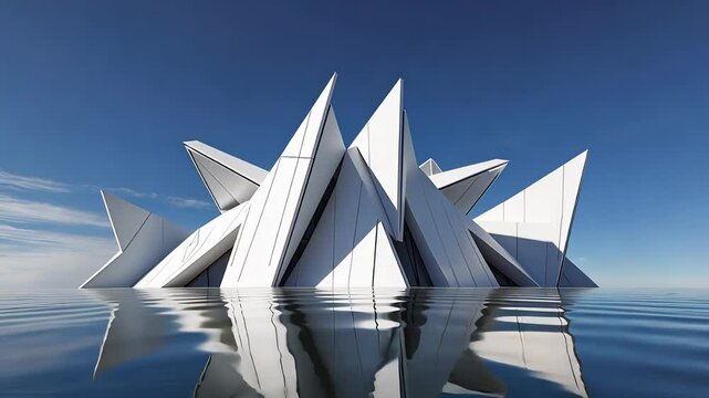 Futuristic Geometric Building with Sharp Angular Design Floating on Water Against a Clear Blue Sky

