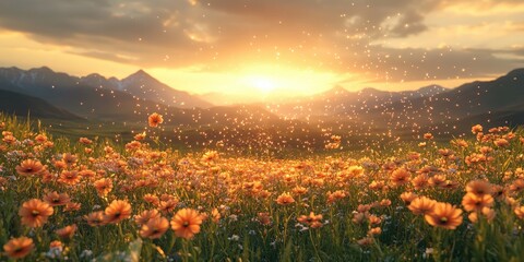 Fototapeta premium Enchanting Fairy Flitting Between Mountain Wildflowers at Sunrise with Sparkling Light and Scenic Landscape View