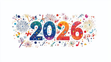 Fototapeta premium Colorful Flat Vector Illustration of 2026 with Festive Elements in a Vibrant Design Style