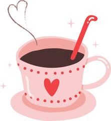 A cup of coffee, Love coffee style. Glass with red heart design.