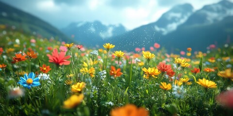 Obraz premium Enchanted Fairy Dancing Through Colorful Wildflowers on a Majestic Mountain Landscape Surrounded by a Lush Green Meadow