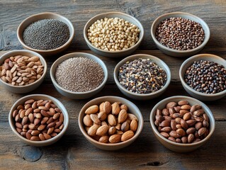 Obraz premium Close-up of assorted nuts and seeds in wooden bowls, with a focus on variety, texture, and health benefits.