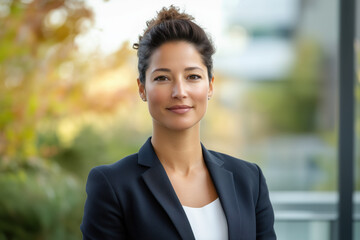 Confident young professional woman in a business suit standing outdoors with a blurred autumn background